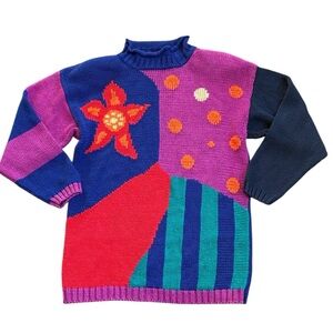 Vintage Pasta Color Block Sweater Wonen’s M Multi Colored Stripes Floral 80s